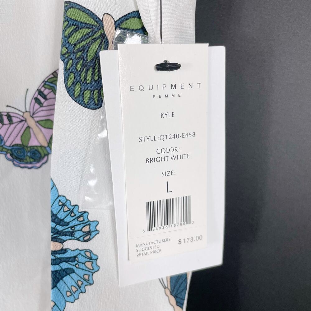 SOLD-Equipment Kyle Butterfly Print Top Sleeveless Blouse White Silk Sz L - Picture 7 of 10
